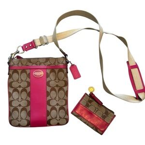 Coach Signature Brown and Pink Crossbody Bag and Wallet Set